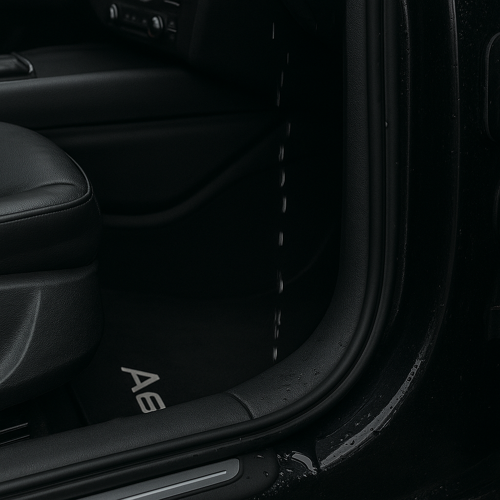 Interieur van een Audi A6 met waterlekkage bij het panoramadak, druppels zichtbaar langs de A-stijl.