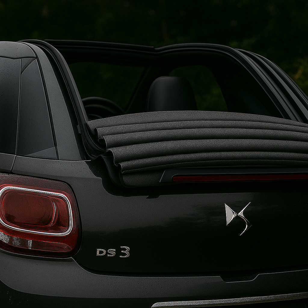 DS3 Cabrio met open dak, gezien van achteren, na revisie en afstelling door Wubbe Engineering.